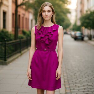 NWOT  Ema  Michele Satin Ruffle Detail Rhinestone  Belted Dress